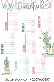 Pastel weekly calendar planner with cute cactus, stationery organizer for daily plans, weekly planner template, schedules. Vector illustration.