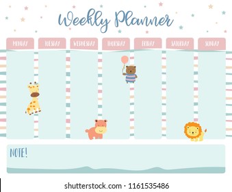 Pastel weekly calendar planner with giraffe,hippopotamus,bear, balloon and lion