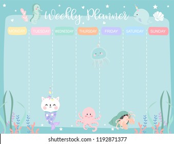 Pastel weekly calendar planner with little mermaid,caticorn,squid,coral and sea horse