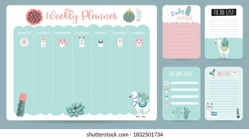 Pastel weekly calendar planner with llama,alpaca,cactus.Can use for printable,scrapbook,diary