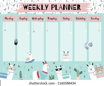 Pastel weekly calendar planner with llama,alpaca,cactus,glasses and car