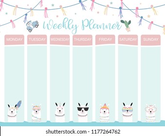 Pastel weekly calendar planner with llama,alpaca,cactus,glasses and car