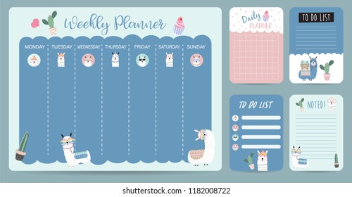 Pastel weekly calendar planner with llama,alpaca,cactus,glasses and cupcake