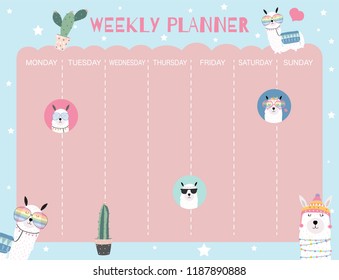 Pastel weekly calendar planner with llama,alpaca,cactus,glasses and cupcake