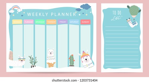 Pastel weekly calendar planner with llama,glasses,ice cream and cactus