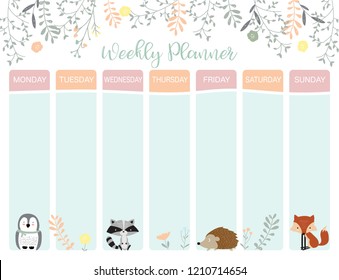 Pastel weekly calendar planner with penguin,flower,fox and porcupine