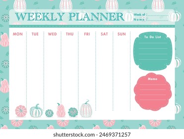 Plantilla de planificador semanal pastel con fondo de patrón de calabaza de vivero.Ilustración vectorial.