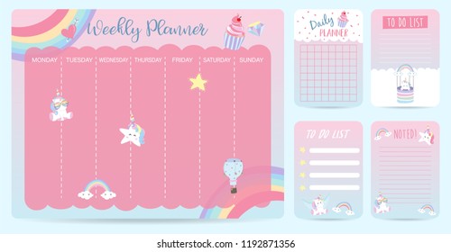 Pastel weekly calendar planner with unicorn,rainbow,glasses and cupcake