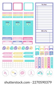 Pastel weekly calendar planner with unicorn,rainbow,glasses and cupcake. Vector illustration