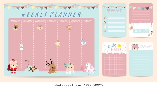 Pastel weekly planner with bear; llama; christmas; reindeer; tiger; fox; unicorn,flag and star