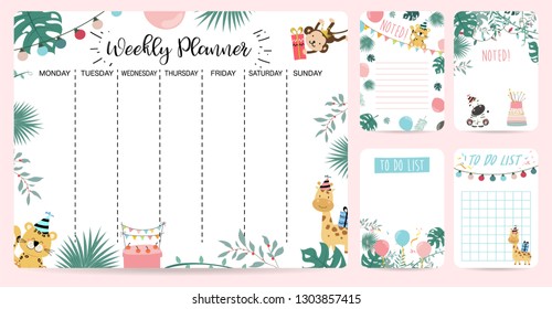 Pastel weekly planner with cake,tiger,giraffe,monkey,leaf and balloon