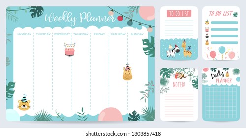 Pastel weekly planner with cake,tiger,giraffe,monkey,leaf and balloon