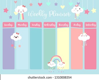 Pastel weekly planner with cloud,rainbow,heart and star