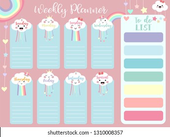 Pastel weekly planner with cloud,rainbow,heart and star