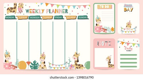 Pastel weekly planner with giraffe,flag,gift box,balloon