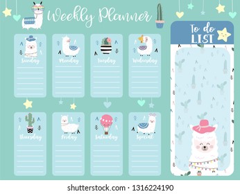 Pastel weekly planner with llama,star and cactus
