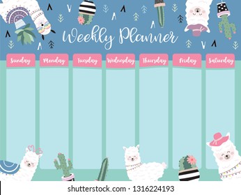 Pastel weekly planner with llama,star and cactus