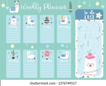 Pastel weekly planner with llama,star and cactus