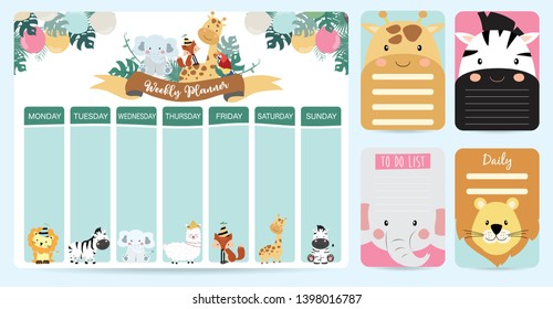 Pastel weekly planner with wild,fox,elephant,llama,zebra,giraffe,tiger