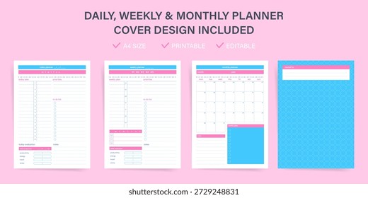 Pastel wellness planner printable set. Daily, weekly, monthly pages. Blue and yellow design with striped cover, water intake, weather icons, focus tracker, sleep quality log, habit tracker.