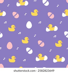 Pastel Whimsical Pattern with Ducks and Eggs. Perfect for Easter-themed crafts, children's designs, nursery decorations, and spring festival graphics.