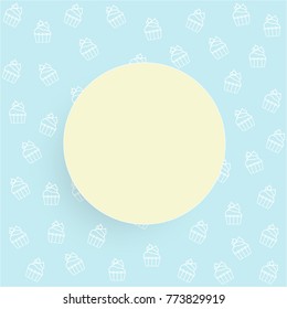 Pastel white line style cupcake pattern vector with round frame logo and shadow in center background