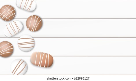 Pastel white morning background. Coffee cup and chocolate on wooden table top view. Soft color romantic vector illustration design.
