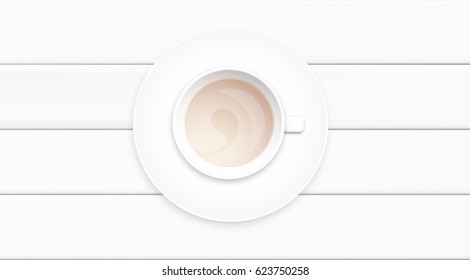 Pastel white morning background. Coffee cup on wooden table top view. Soft color romantic vector illustration design.