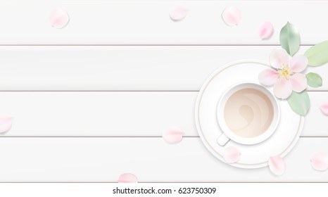 Pastel white morning background. Coffee cup and rose flower petals on wooden table top view. Soft color romantic vector illustration design.