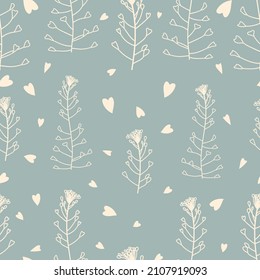 pastel white outlined heart shaped leaf plant vertically striped little white heart elements scattered around on bluish background