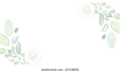 Pastel white relax background. Candles and rose flower petals on wooden table top view. Soft color romantic vector illustration design.