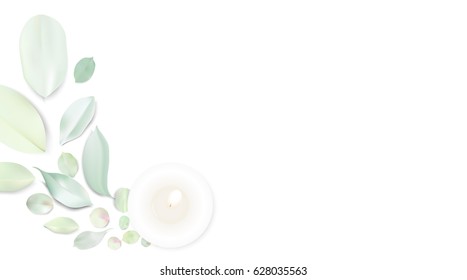 Pastel white relax background. Candles and rose flower petals on wooden table top view. Soft color romantic vector illustration design.