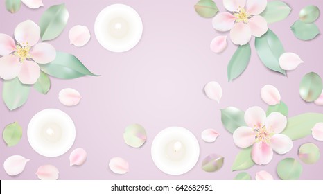 Pastel white relax background. Candles and rose flower petals on purple table top view. Soft color romantic vector illustration design.