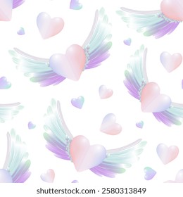 Pastel Winged Hearts Seamless Pattern. Gradient Hearts with Angel Wings Design. Whimsical Pattern with Hearts and Ethereal Wings