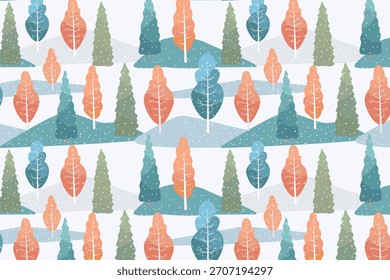Bosque de invierno pastel sin patrón con árboles nevados y colinas. Lindo fondo de repetición para Navidades de papel de embalaje, tela, textil, decoración de los niños, embalaje de temporada, diseño de vacaciones, digital.