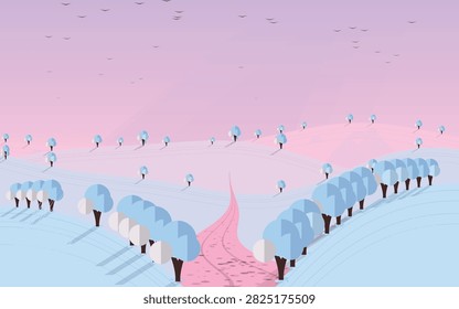 Pastel Winter Landscape Vector Background with Snowy Hills, Blue Trees, and Winding Path