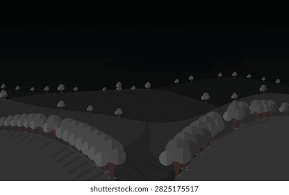 Pastel Winter Landscape Vector Background with Snowy Hills, Blue Trees, and Winding Path