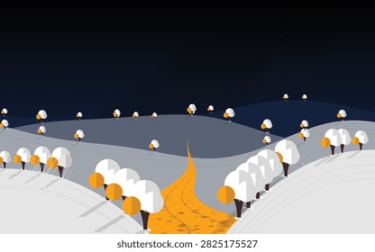 Pastel Winter Landscape Vector Background with Snowy Hills, Blue Trees, and Winding Path