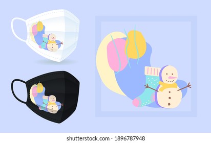 Pastel winter ornament on face mask mockup with abstract element layout. Happy snowman, stocking. Colourful 2D graphic shapes in modern creative style. Trendy isolated doodles illustration