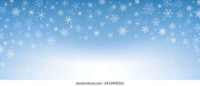 Pastel winter sky with snowflakes. Blue light color gradient. Fantasy soft blurred wallpaper. Vector Christmas landscape