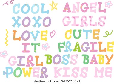 Pastel wordings of cool, angel, xoxo, girls, love, cute, IT girl, fragile, boss baby, girl power, kiss me for font, typography, shirt print, cute patches, sticker, campaign badge, decoration, label