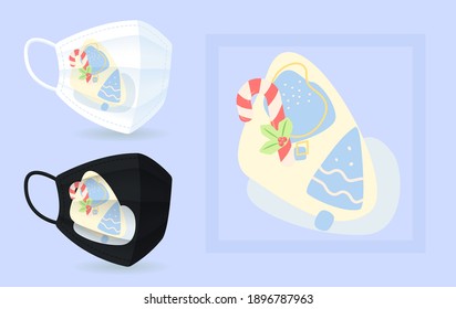 Pastel xmas ornaments on black, white face mask mockup with abstract element layout. Candycane with holly. Colourful 2D graphic shapes in modern creative style. Trendy isolated doodles illustration