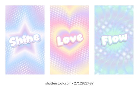 Fondos de gradiente Y2K pastel con corazón, estrella y Formas en espiral. Texto suave de la burbuja: Amor, brillo, flujo. Ideal para Fondo de pantalla móvil, redes sociales y proyectos de diseño de ensueño.