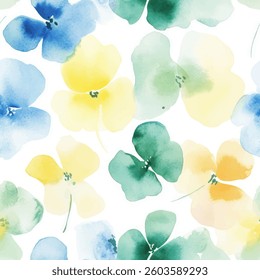 Pastel yellow, baby blue, and mint green clover pattern on a white background. watercolor flower seamless pattern. Watercolor print in rustic vintage style, textile or wallpaper. 