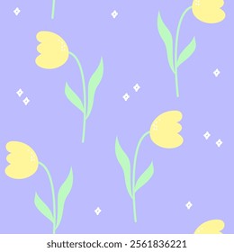 Pastel Yellow Flower with Twinkle Decoration on Purple Background Seamless Pattern 