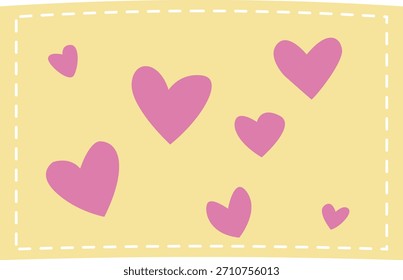 Pastellgelbes Muster mit rosafarbenen Herzen, verspielt arrangiert, perfekt für Kinderthemen, Scrapbooking, Verpackungen, Tapeten, Grußkarten, Aufkleber und kreative digitale Projekte.