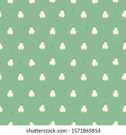 Pastel yellow pear fruit on natural green background with abstract triangle pieces seamless pattern. 