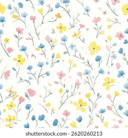 Pastel yellow, pink, and blue wildflowers on a white background. tiny flower seamless pattern vector illustration, doodle summer, kids and baby designs for print fabric.