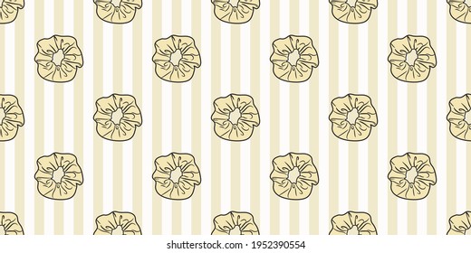 Pastel yellow scrunchies repeat pattern, hair tie seamless design with scrunchy elements, girly background with stripes, cute wallpaper