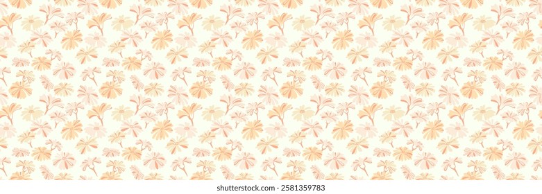 Pastel yellow seamless pattern with abstract stylized shapes flowers on a light background. Creative cute meadow print. Plain summer ornament texture. Vector hand drawn. 